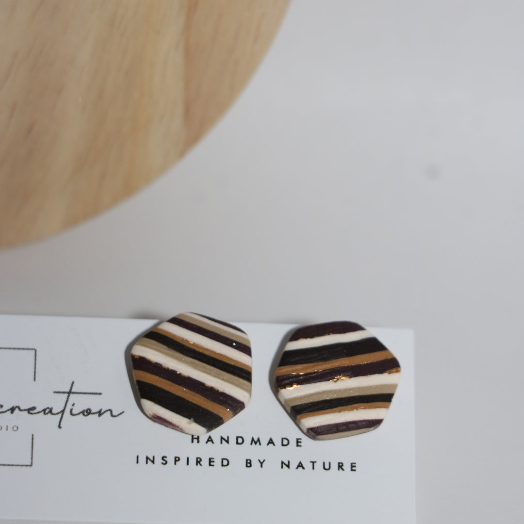 Driftwood striped mini hexagon studs polymer clay earrings by Calm by Creation Studio