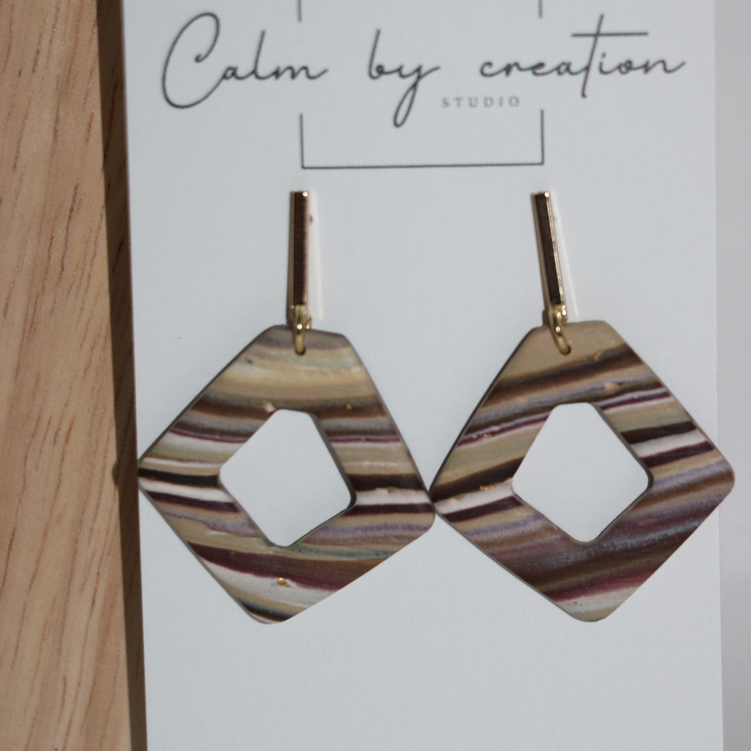 Moorland mauve and sage open diamond statement polymer clay earrings by Calm by Creation Studio