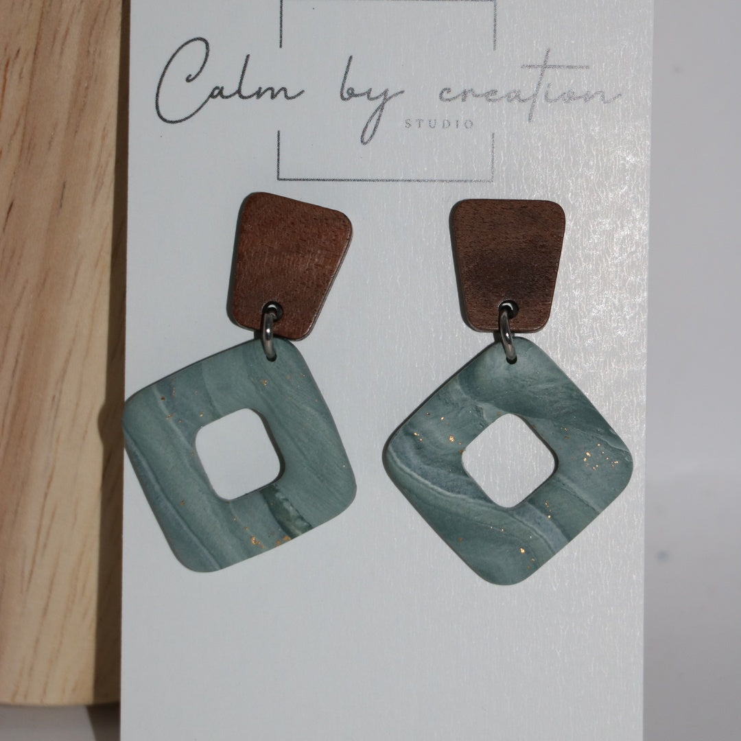 Seaglass seafoam green open diamond drops with wood stud polymer clay earrings by Calm by Creation Studio