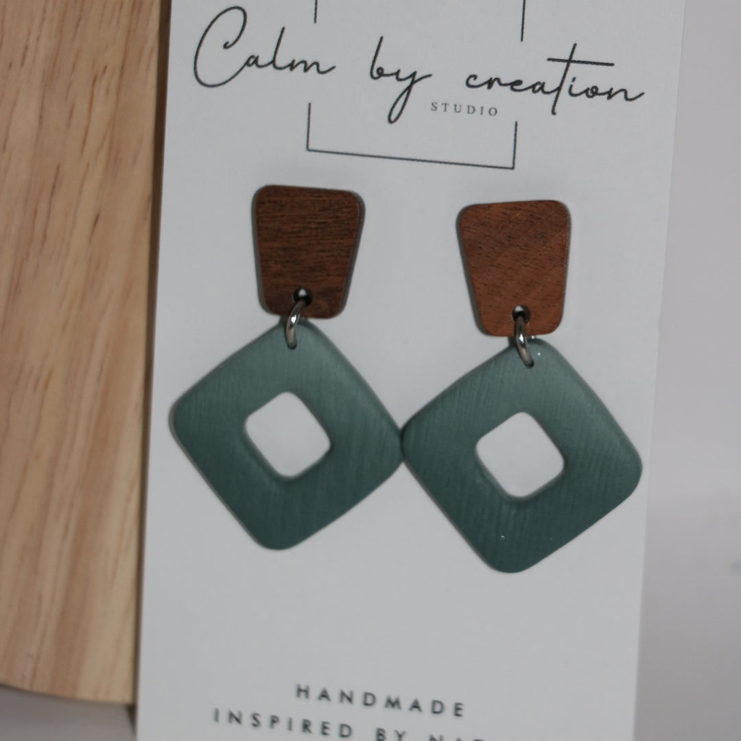 Seaglass seafoam green open diamond statement with wood stud polymer clay earrings by Calm by Creation Studio