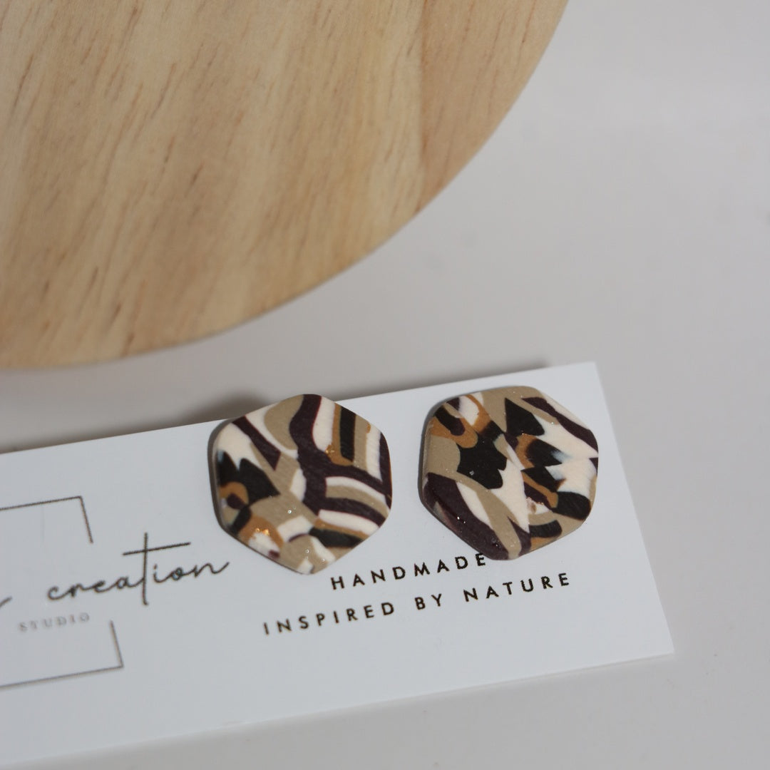 Woodland marbled brown hexagon studs polymer clay earrings by Calm by Creation Studio