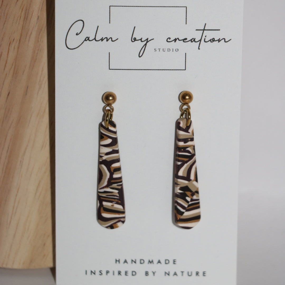 Woodland marbled brown long tapered drops polymer clay earrings by Calm by Creation Studio