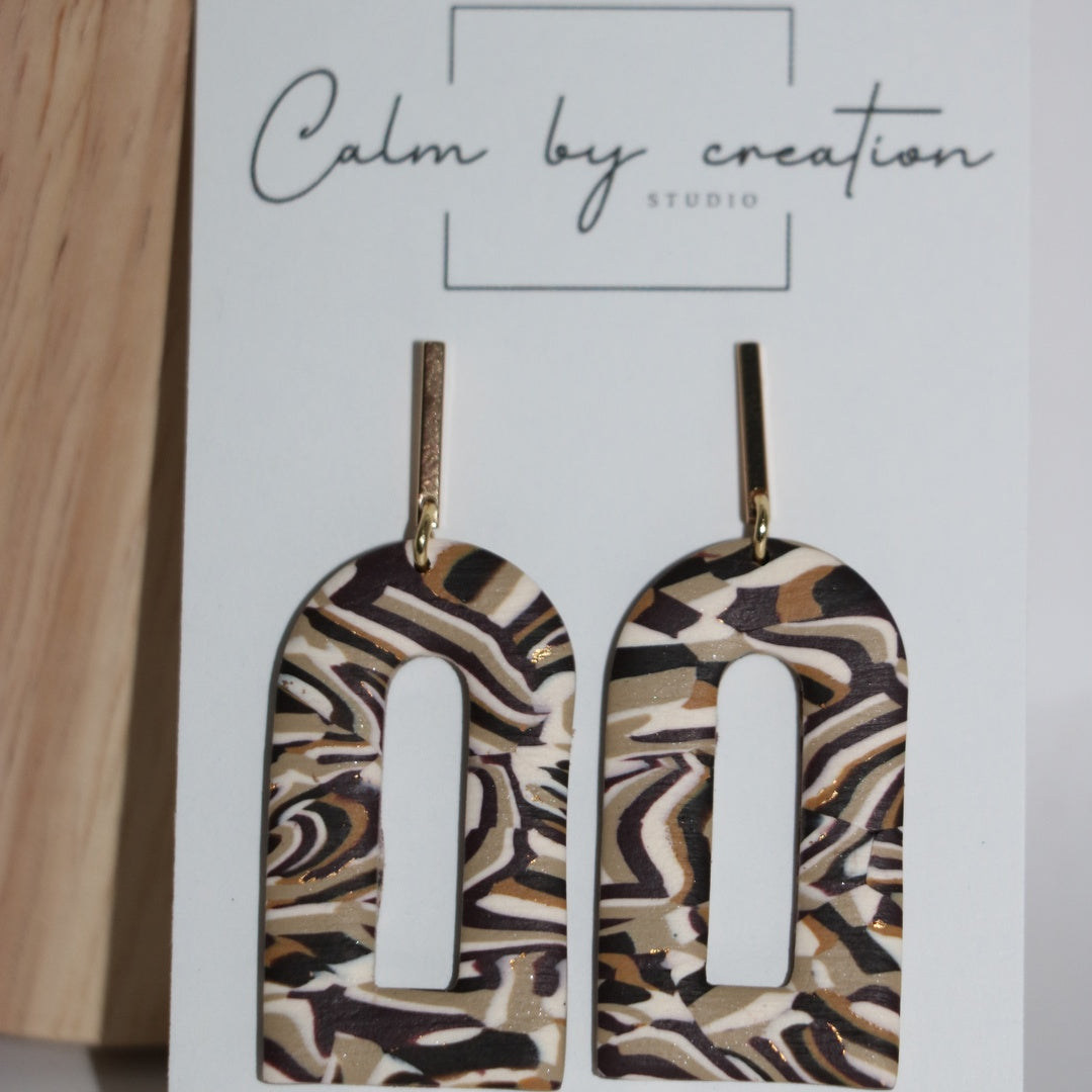 Woodland marbled brown open arch statement polymer clay earrings by Calm by Creation Studio