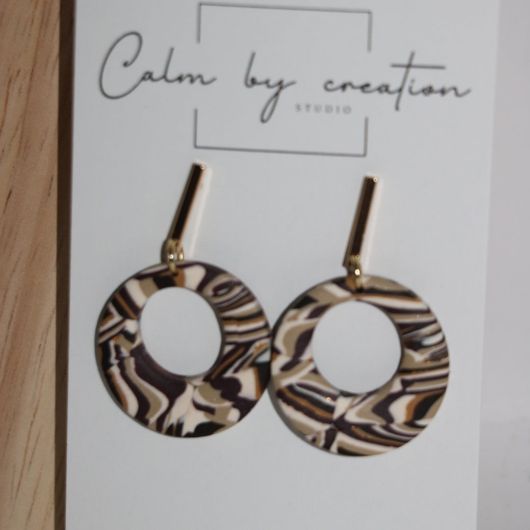 Woodland marbled brown open circle hoop polymer clay earrings by Calm by Creation Studio