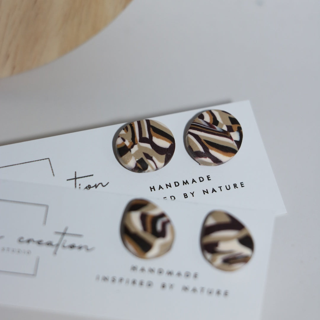 Woodland marbled brown round and teardrop studs polymer clay earrings by Calm by Creation Studio