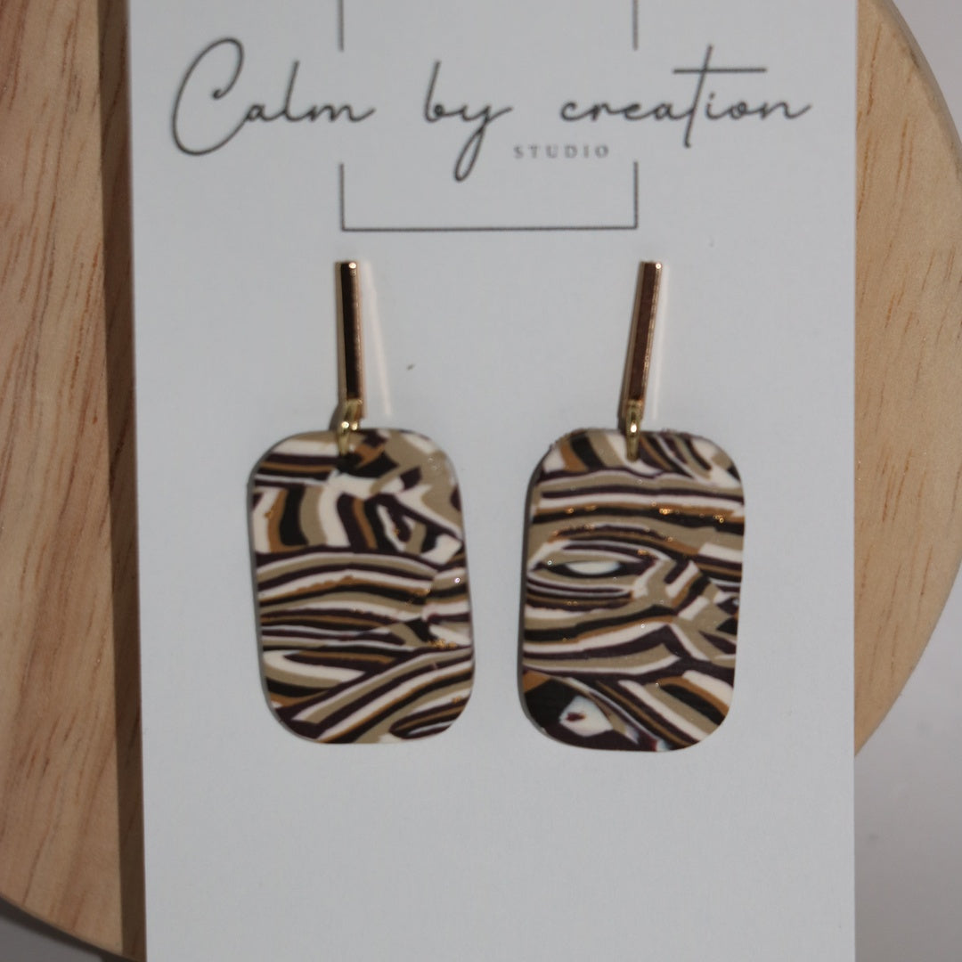 Woodland marbled brown rounded rectangle drops polymer clay earrings by Calm by Creation Studio