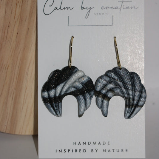 Black and silver Whispering Petal collection handmade polymer clay dangle earrings by Calm by Creation Studio